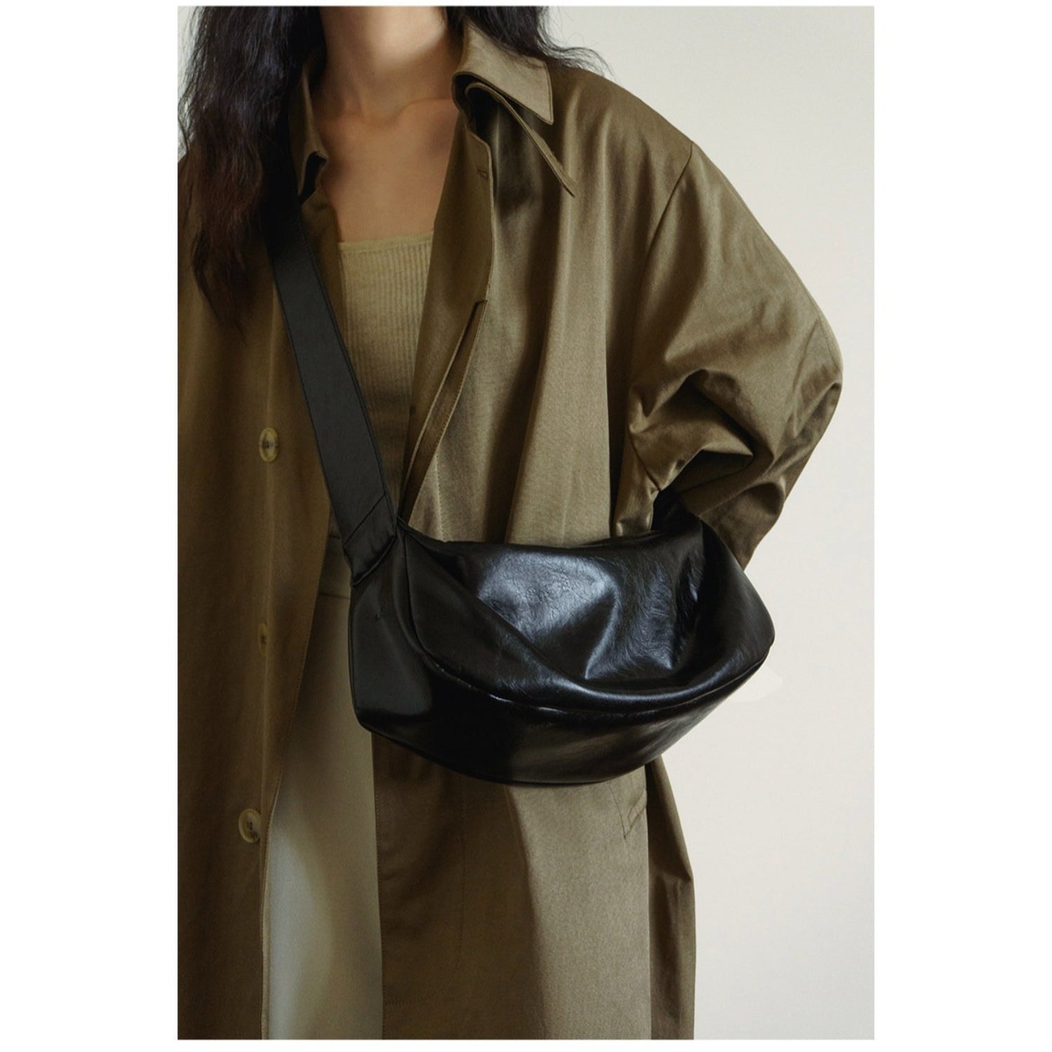 Minimalist Black Crescent Crossbody in Soft Vegan Leather for City Walks Crossbody Bag - Thestillmoving.com