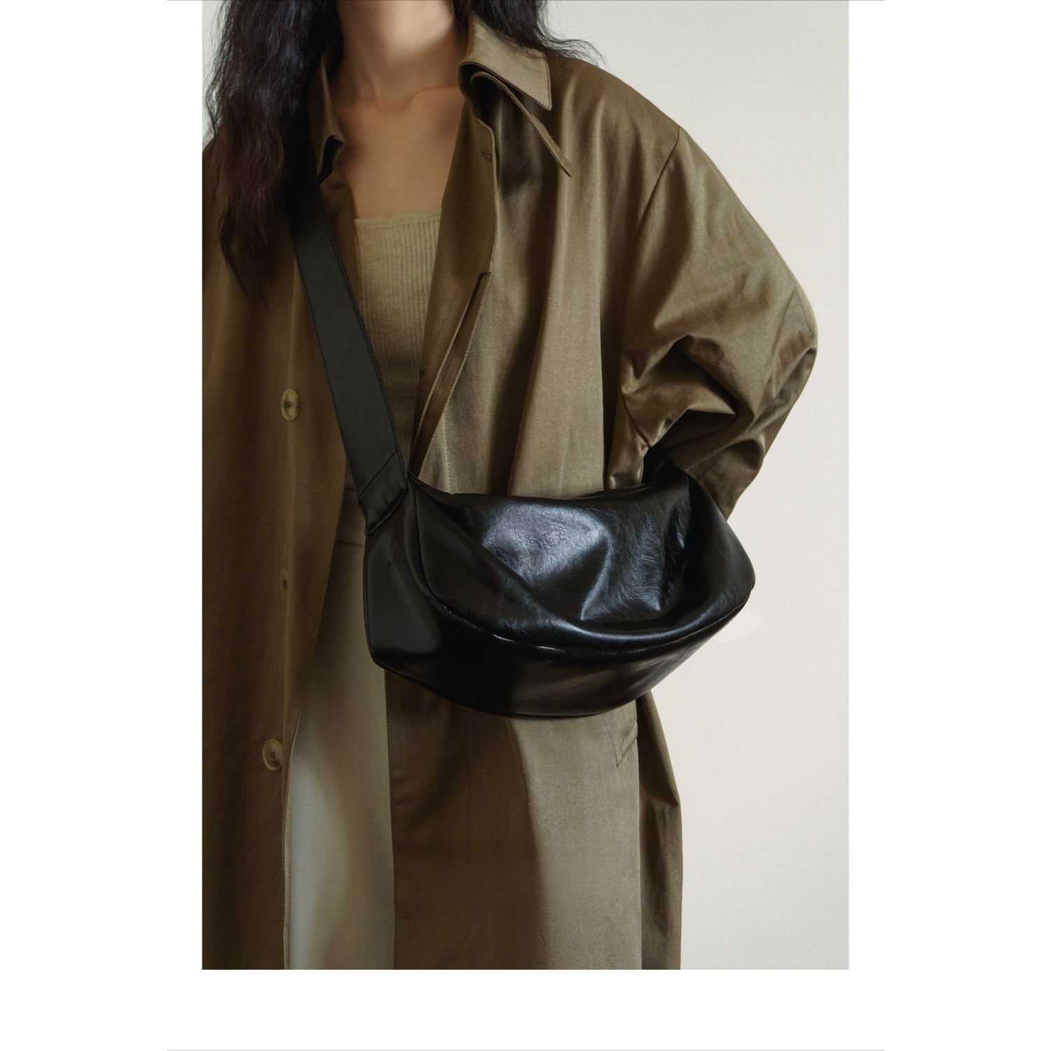 Minimalist Black Crescent Crossbody in Soft Vegan Leather for City Walks Crossbody Bag - Thestillmoving.com