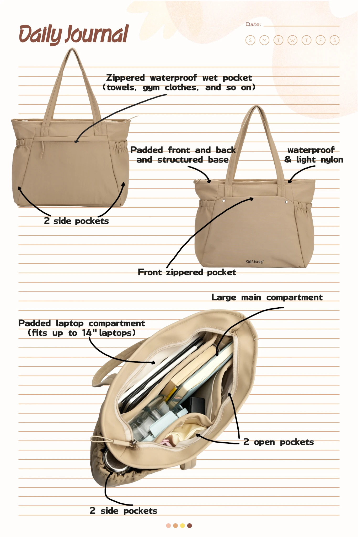 Organized Everyday Tote (Khaki) - Thestillmoving.com