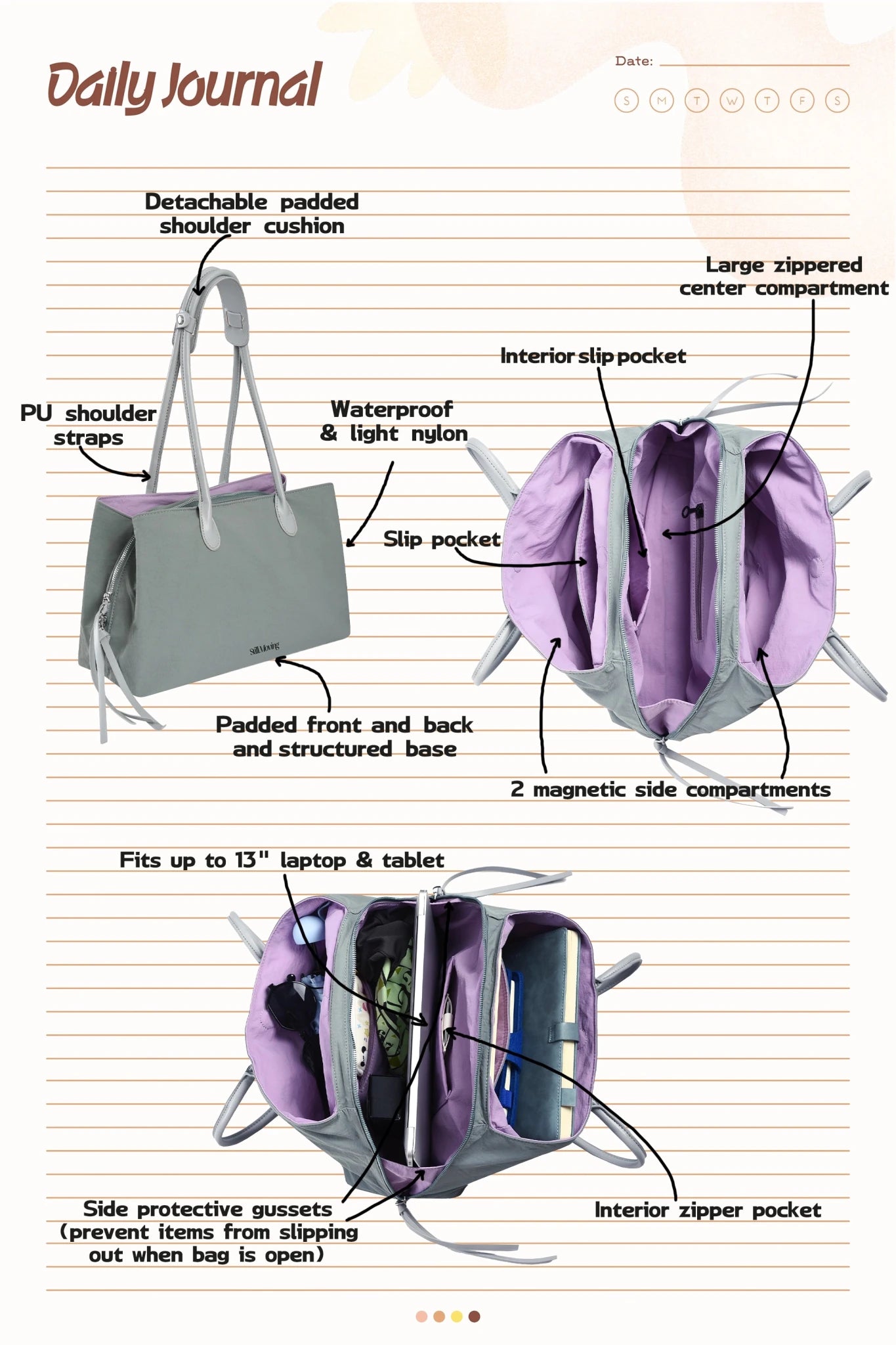 Stylish Organized Everyday Tote (Grey&Purple) - Thestillmoving.com