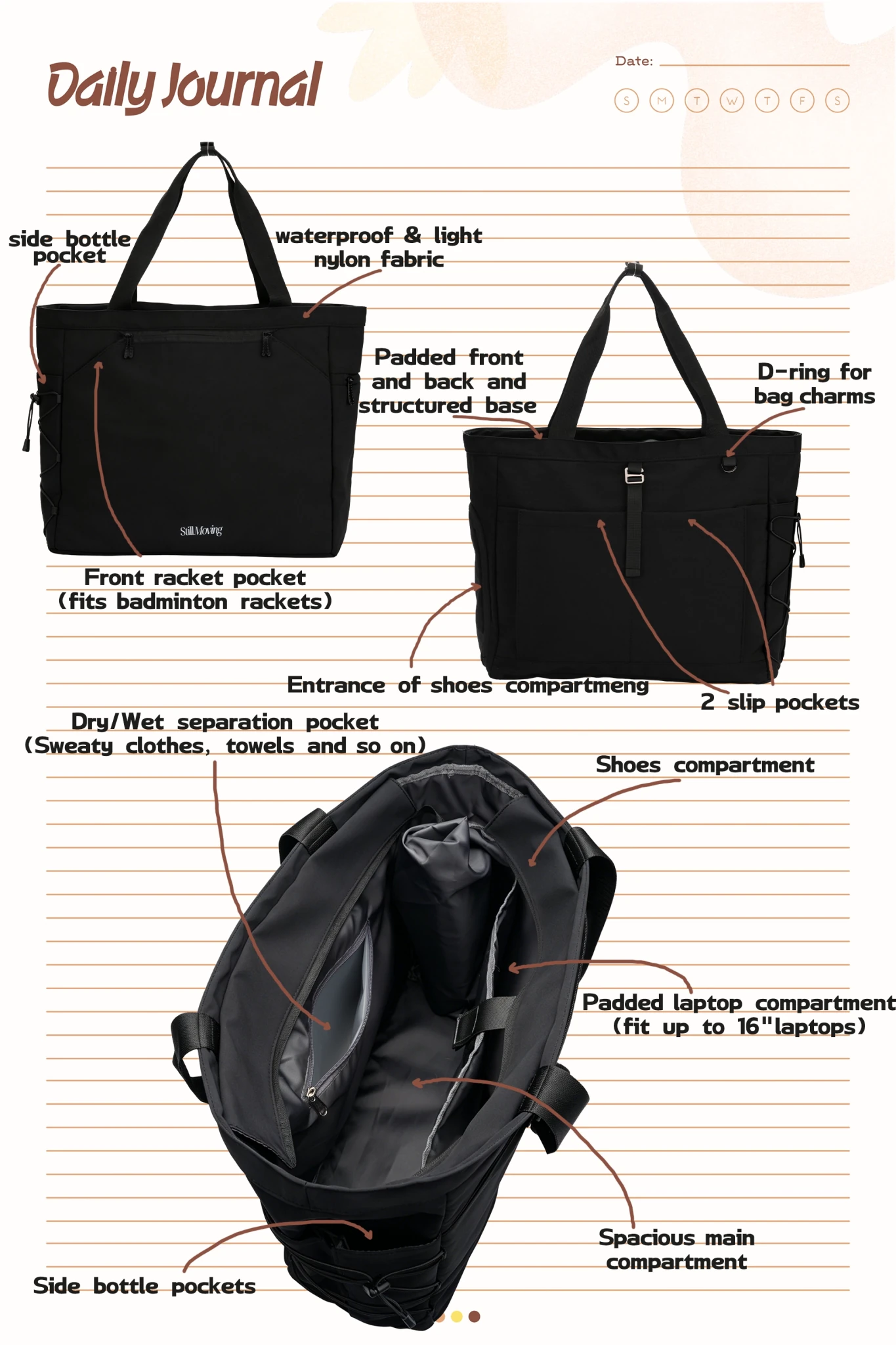 Workout & Short - trip Tote (Black) - Thestillmoving.com