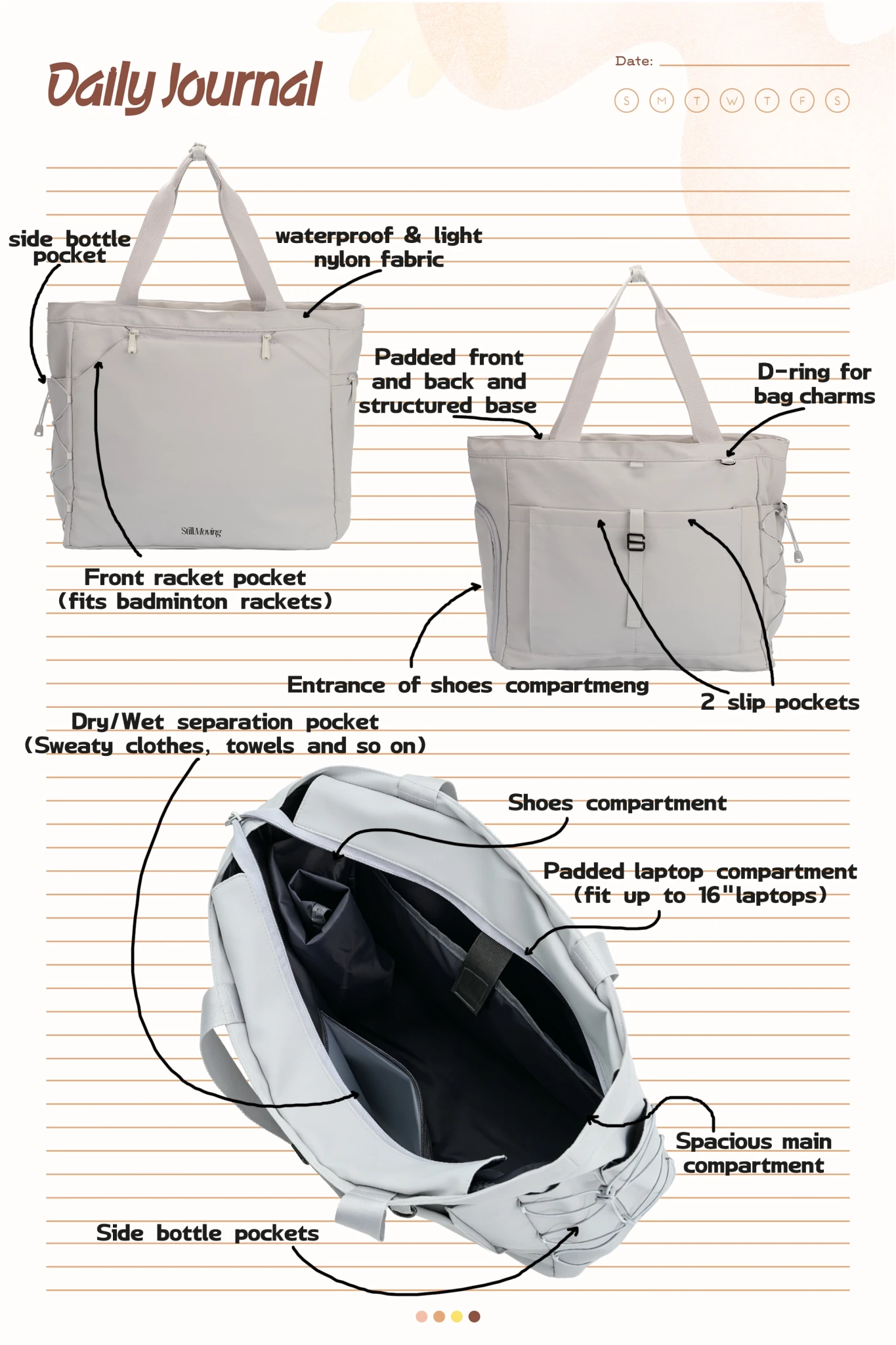 Workout & Short - trip Tote (Gray) - Thestillmoving.com
