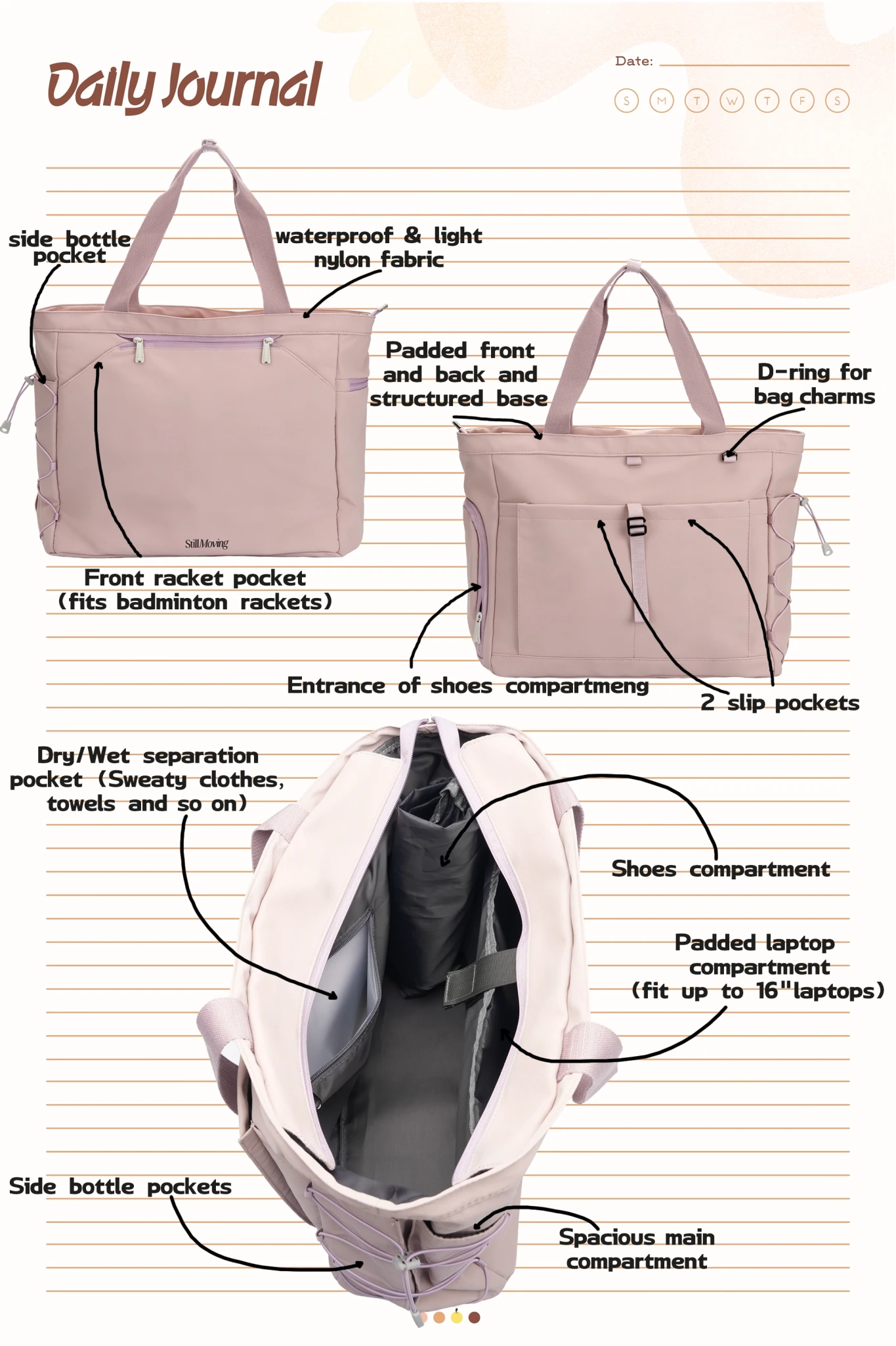 Workout & Short - trip Tote (Pink) - Thestillmoving.com